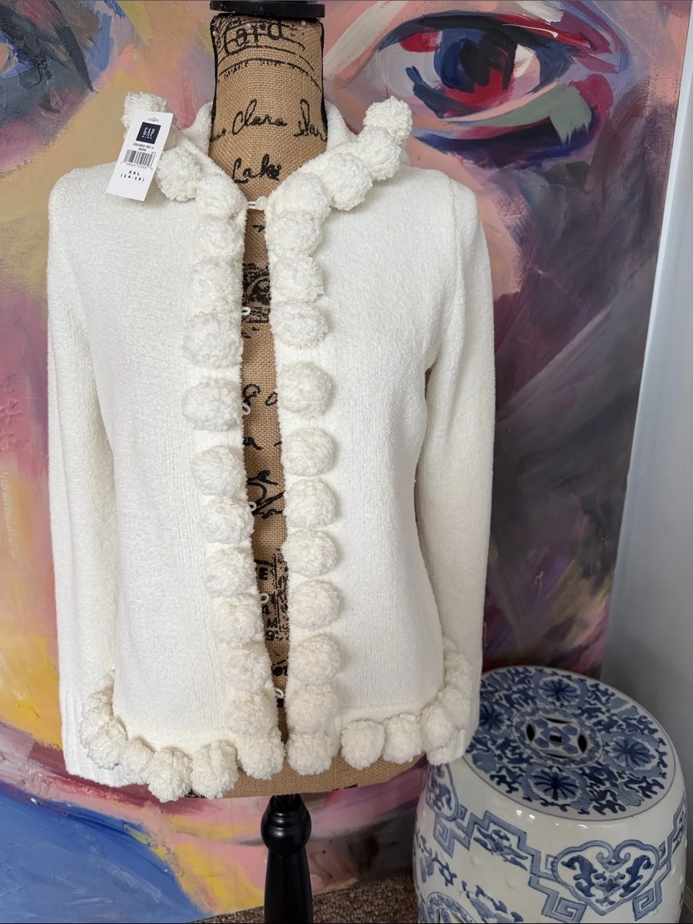 GAP Girl’s XXL Cream Bouclé Hooded Jacket with Pom Trim